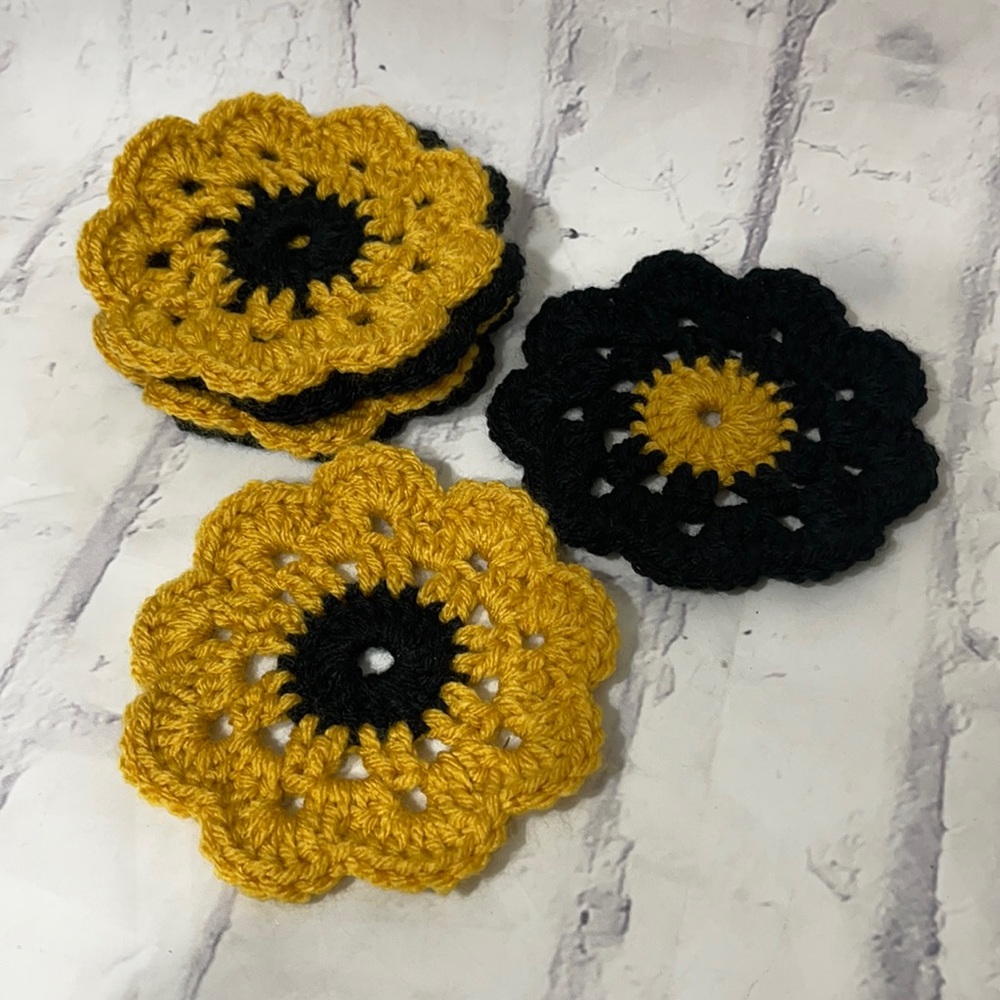 Handmade Crochet Granny Circle Coasters Set of Six Black and Gold
